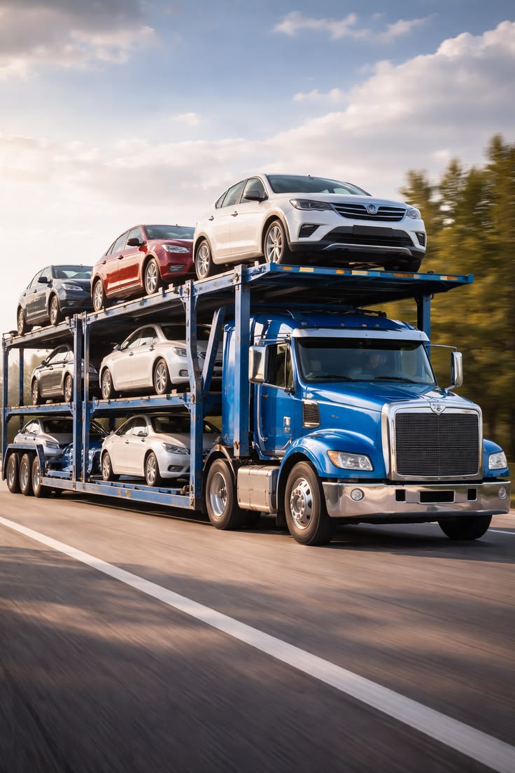 Blue car carrier hauling six vehicles