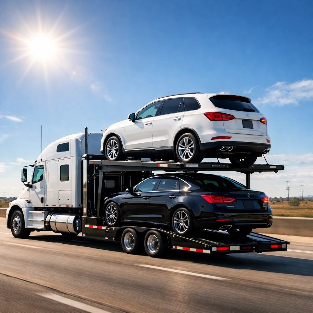 Car hauler transporting an SUV and sedan on the highway