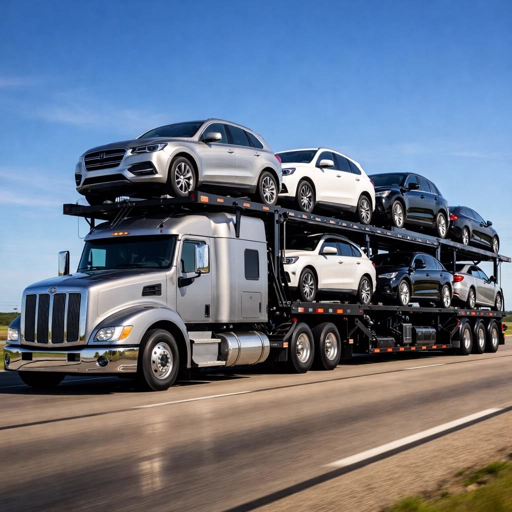 Silver car hauler with a full load of SUVs